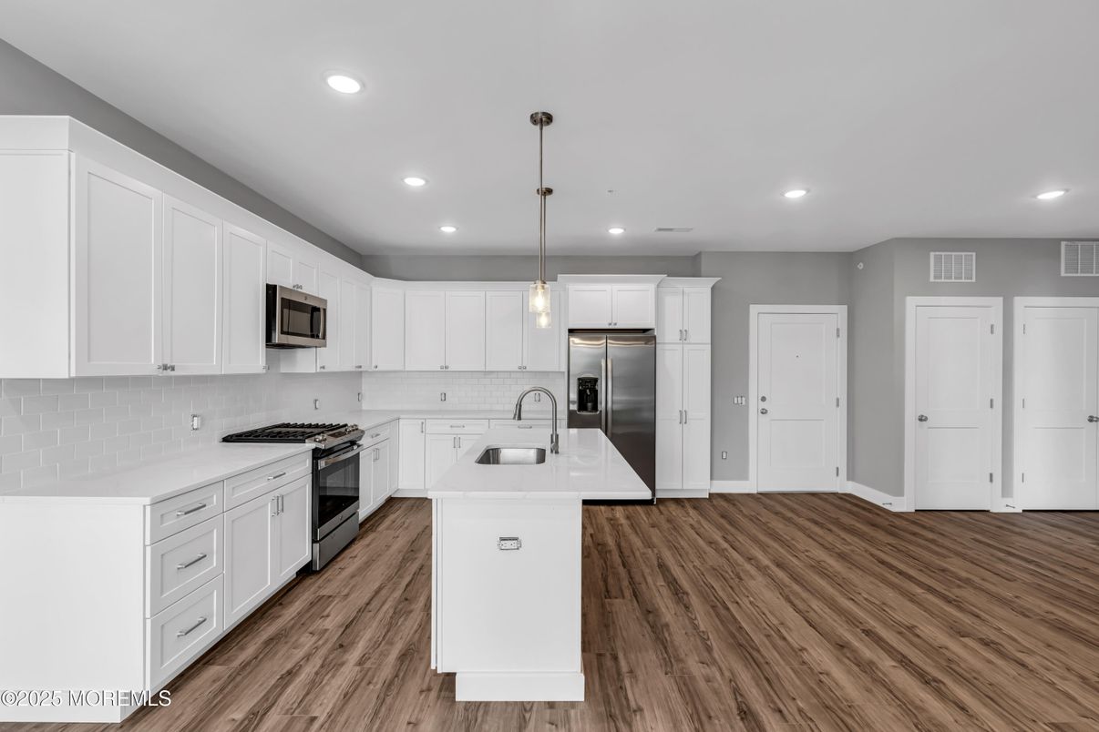 Interior, Kitchen, Pendant Lights, Recessed Lighting, Stainless Steel Appliances, Wood Texture Flooring
