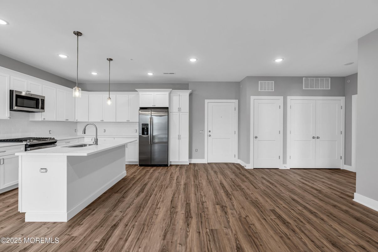 Interior, Kitchen, Pendant Lights, Recessed Lighting, Stainless Steel Appliances, Wood Texture Flooring