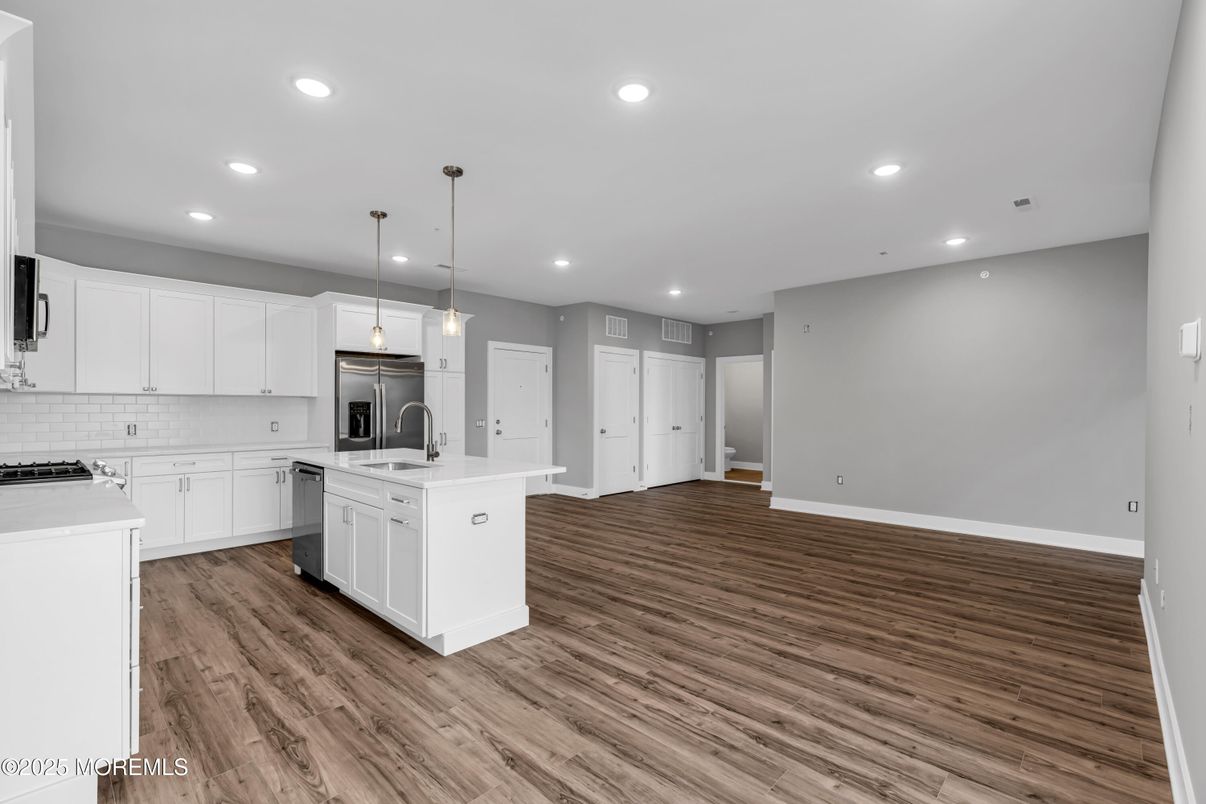 Interior, Kitchen, Pendant Lights, Recessed Lighting, Stainless Steel Appliances, Wood Texture Flooring
