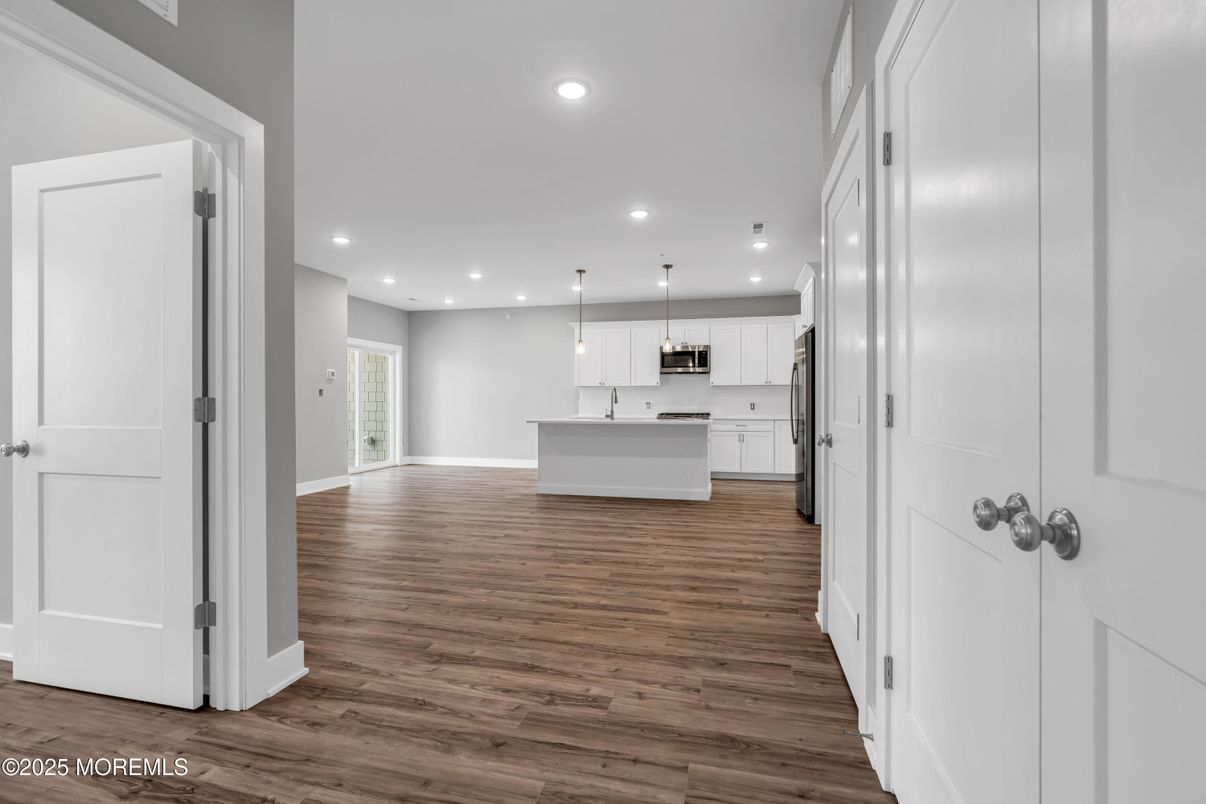 Interior, Kitchen, Pendant Lights, Recessed Lighting, Wood Texture Flooring