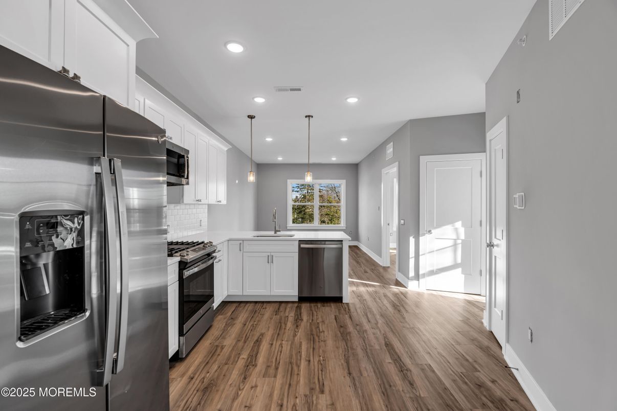 Interior, Kitchen, Pendant Lights, Recessed Lighting, Stainless Steel Appliances, Wood Texture Flooring