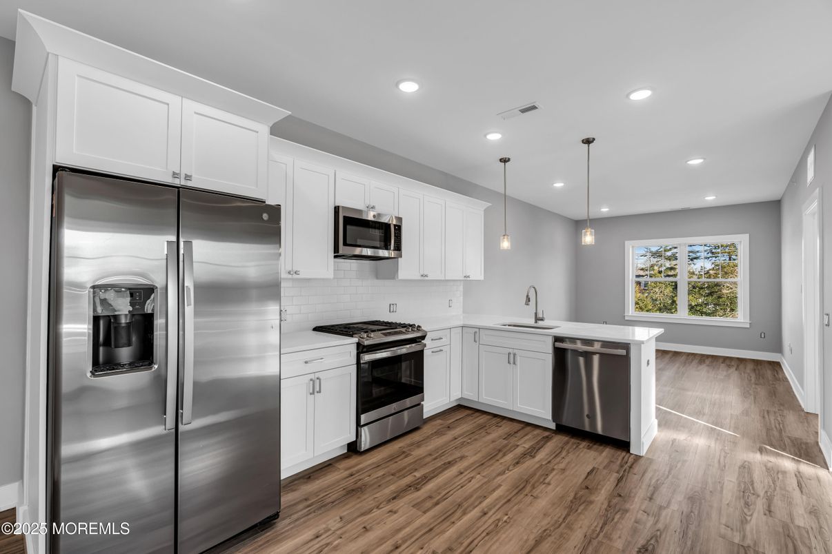 Interior, Kitchen, Pendant Lights, Recessed Lighting, Stainless Steel Appliances, Wood Texture Flooring