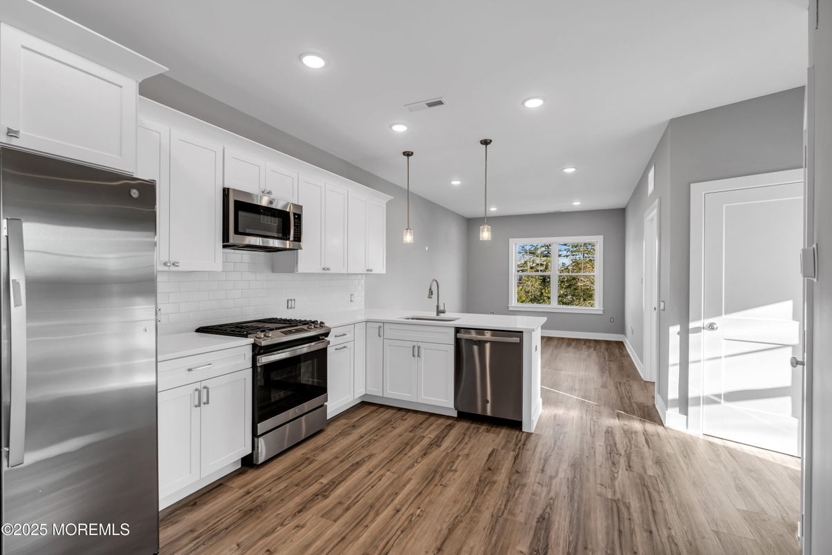 Interior, Kitchen, Pendant Lights, Recessed Lighting, Stainless Steel Appliances, Wood Texture Flooring