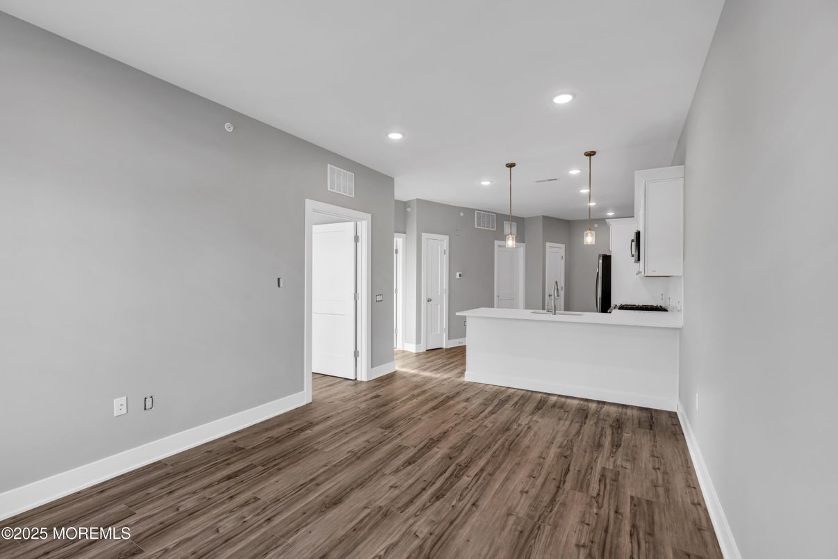 Empty room, Interior, Kitchen, Pendant Lights, Recessed Lighting, Wood Texture Flooring