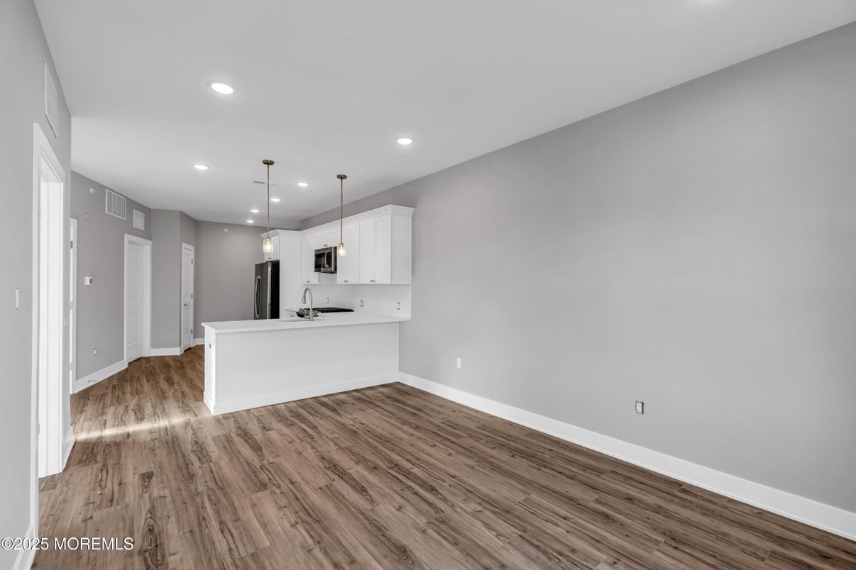 Empty room, Interior, Kitchen, Pendant Lights, Recessed Lighting, Wood Texture Flooring