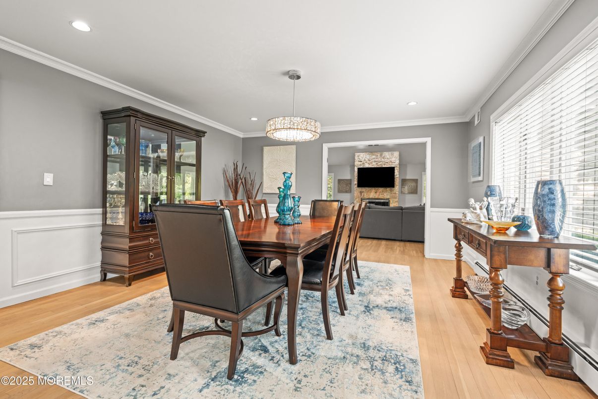 Dining room, Interior, Pendant Lights, Recessed Lighting, Wood Texture Flooring