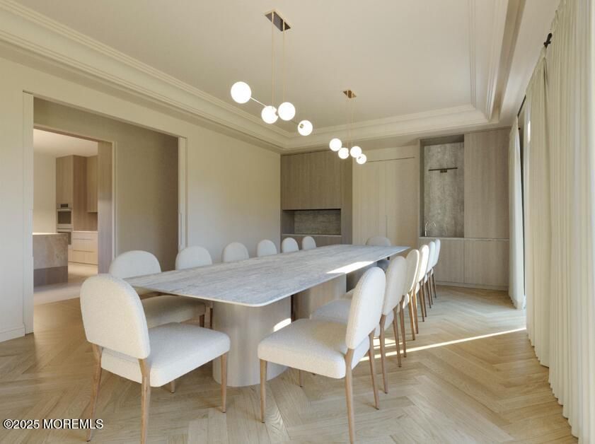 Dining room, Interior, Pendant Lights, Wood Texture Flooring