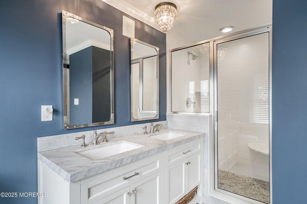 Bathroom, Dual Sink Vanities, Glass Shower, Interior, Recessed Lighting