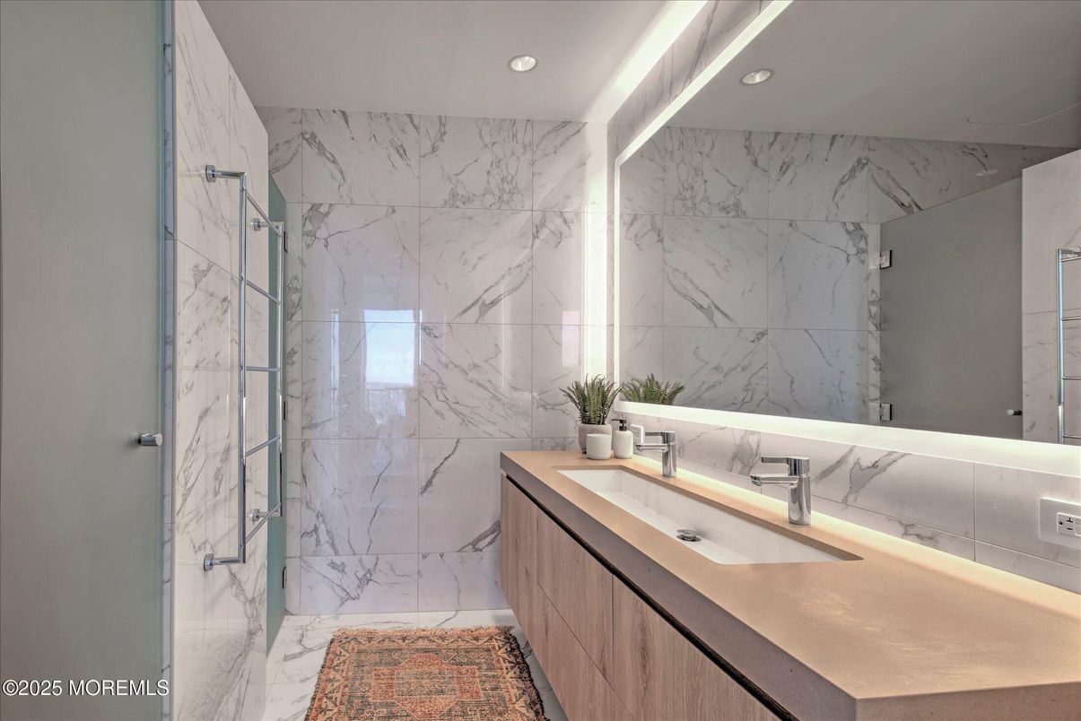 Bathroom, Glass Shower, Interior, Marble, Marble Walls, Recessed Lighting