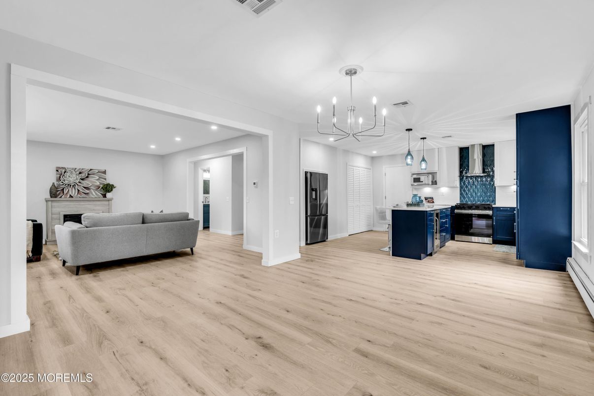 Fireplace, Interior, Kitchen, Living room, Pendant Lights, Recessed Lighting, Wood Texture Flooring