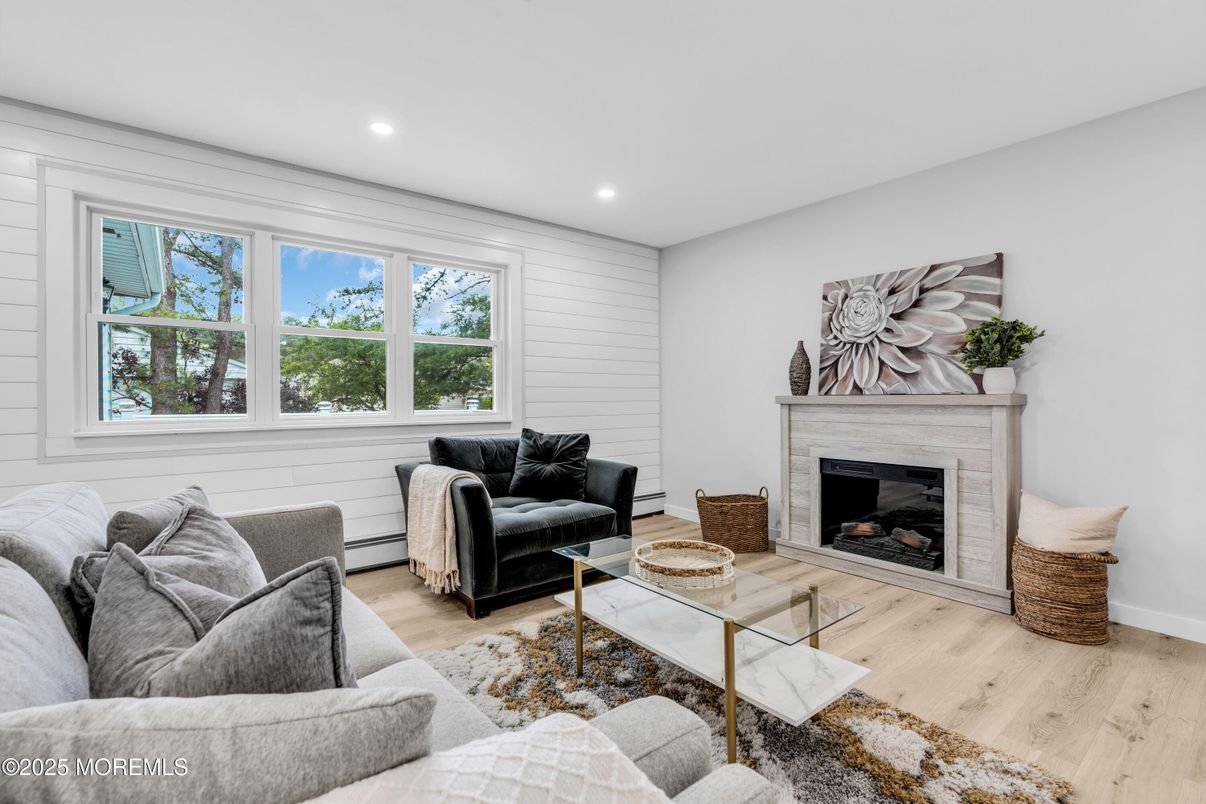 Fireplace, Interior, Living room, Recessed Lighting, Wood Texture Flooring
