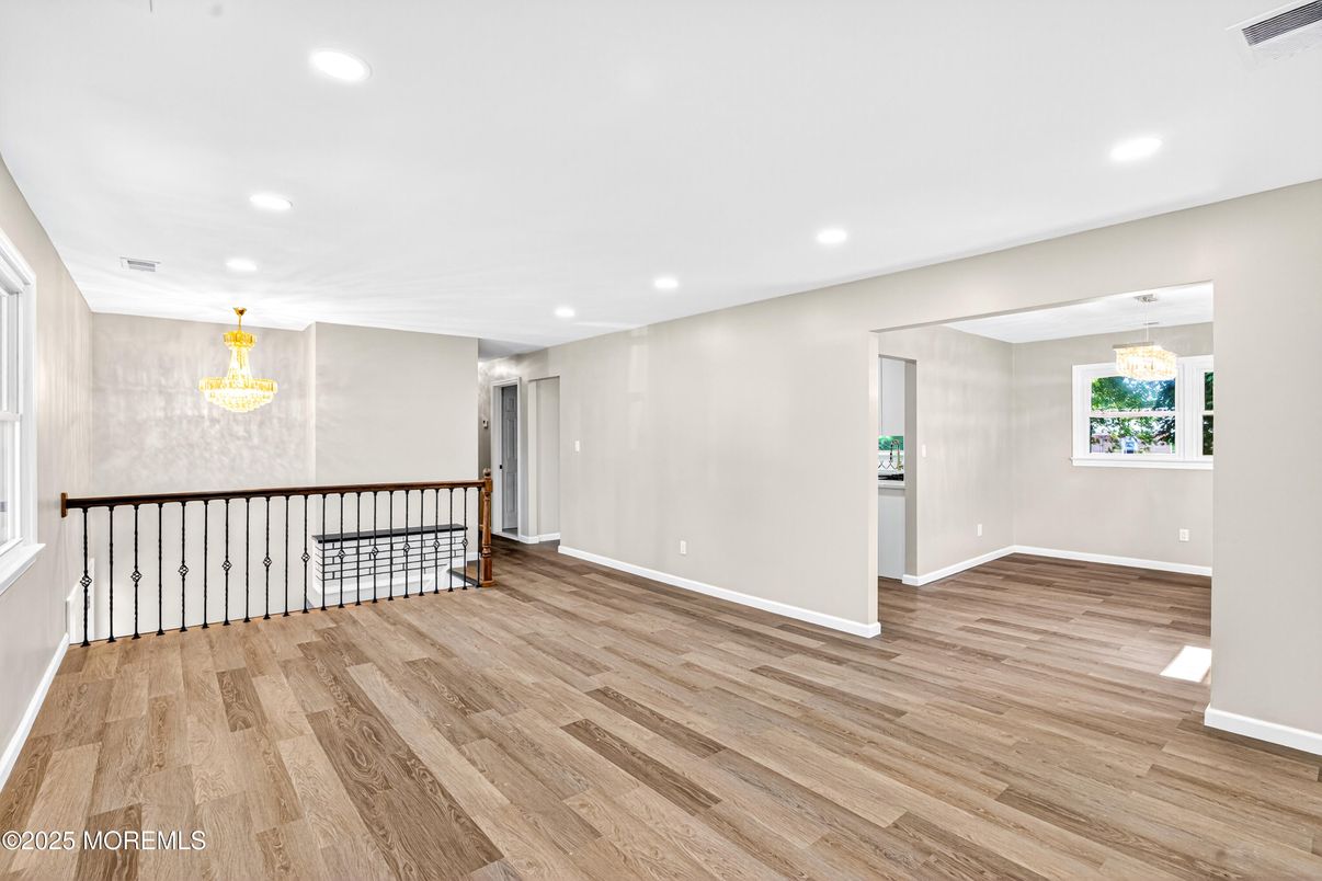 Chandelier, Empty room, Interior, Recessed Lighting, Wood Texture Flooring