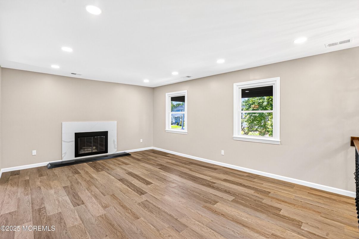 Empty room, Fireplace, Interior, Recessed Lighting, Wood Texture Flooring
