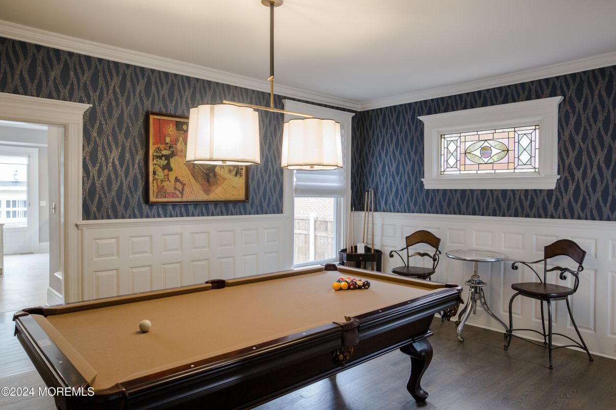 Billiard Table, Game Room, Interior, Pendant Lights, Wood Texture Flooring