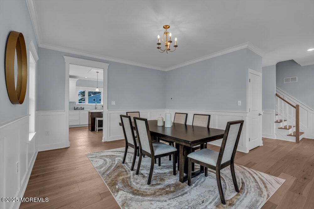 Chandelier, Dining room, Interior, Pendant Lights, Recessed Lighting, Wood Texture Flooring