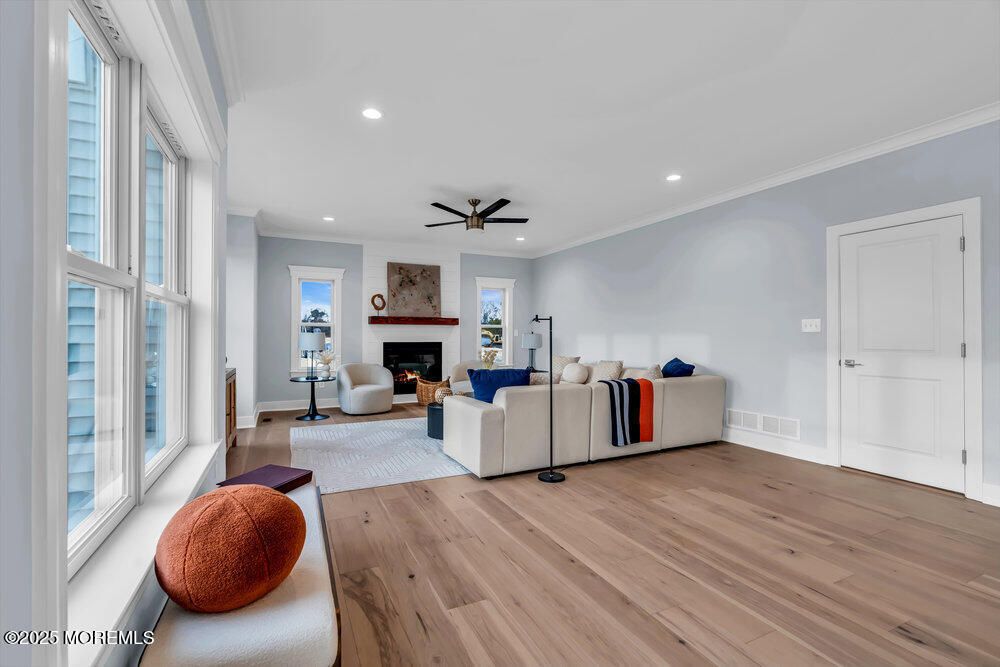 Fireplace, Interior, Living room, Recessed Lighting, Wood Texture Flooring