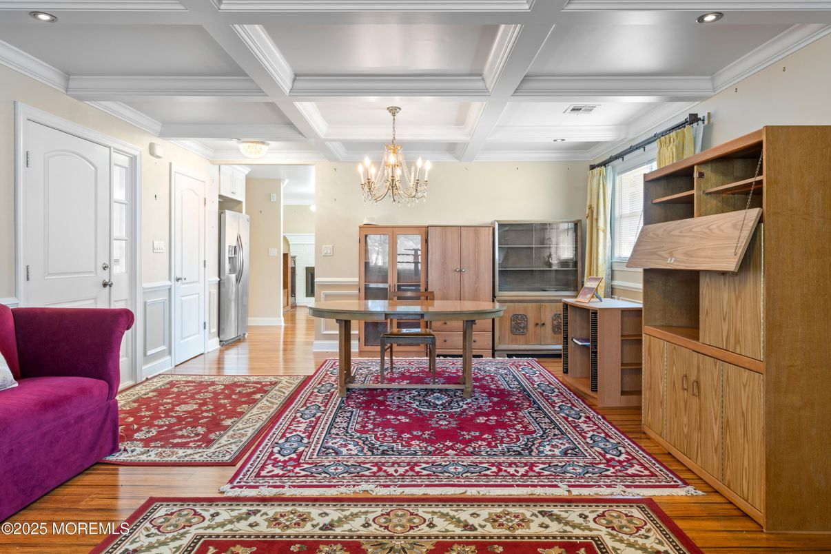 Chandelier, Home Office, Interior, Recessed Lighting, Wood Texture Flooring