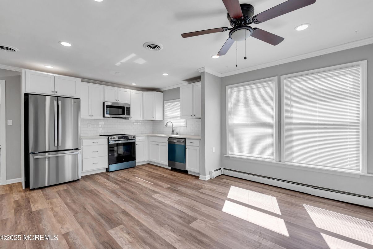 Interior, Kitchen, Recessed Lighting, Stainless Steel Appliances, Wood Texture Flooring