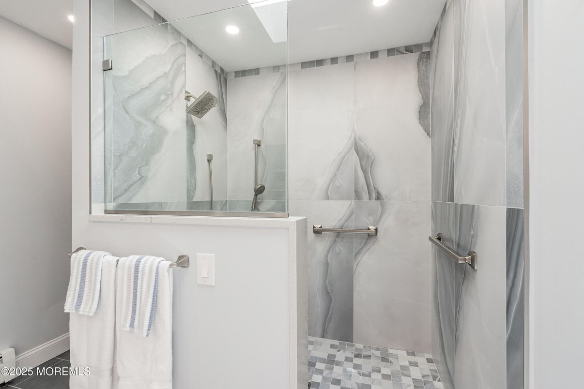 Bathroom, Glass Shower, Interior, Marble Walls, Recessed Lighting