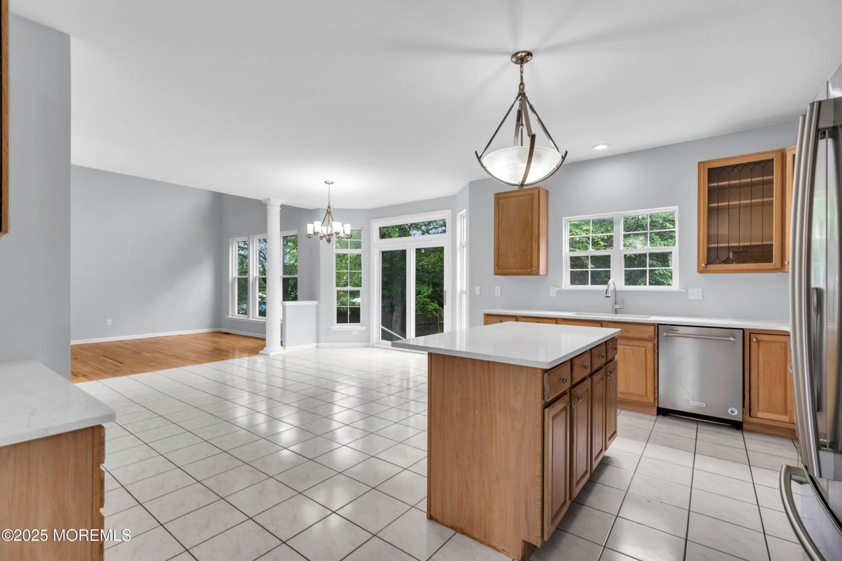 Chandelier, Interior, Kitchen, Pendant Lights, Recessed Lighting, Wood Texture Flooring
