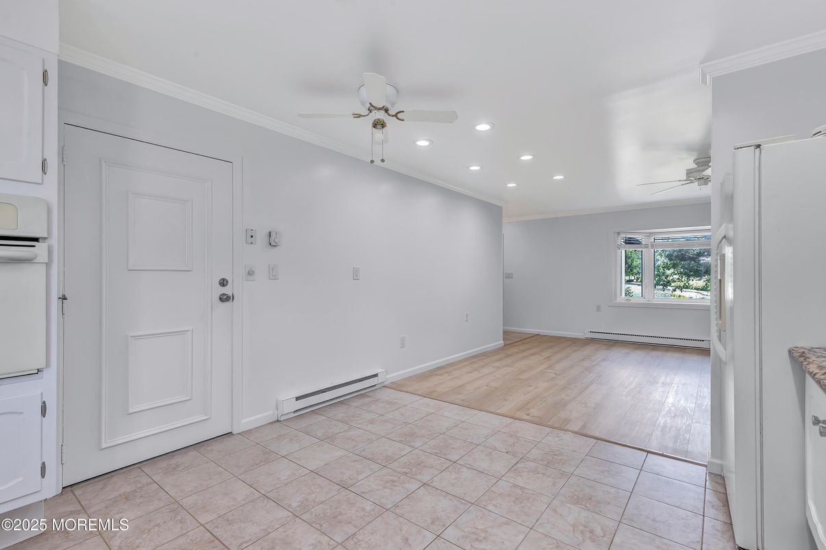 Empty room, Interior, Kitchen, Recessed Lighting, Wood Texture Flooring