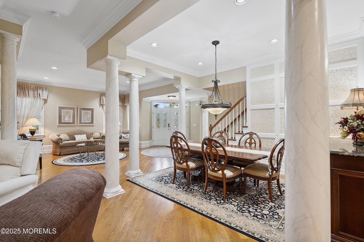 Dining room, Interior, Pendant Lights, Recessed Lighting, Wood Texture Flooring
