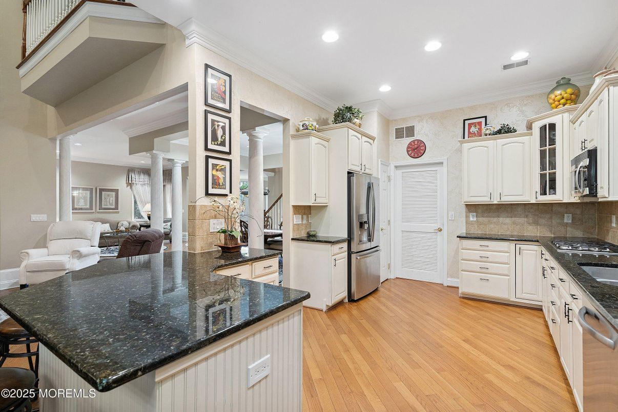 Interior, Kitchen, Living room, Recessed Lighting, Stainless Steel Appliances, Wood Texture Flooring