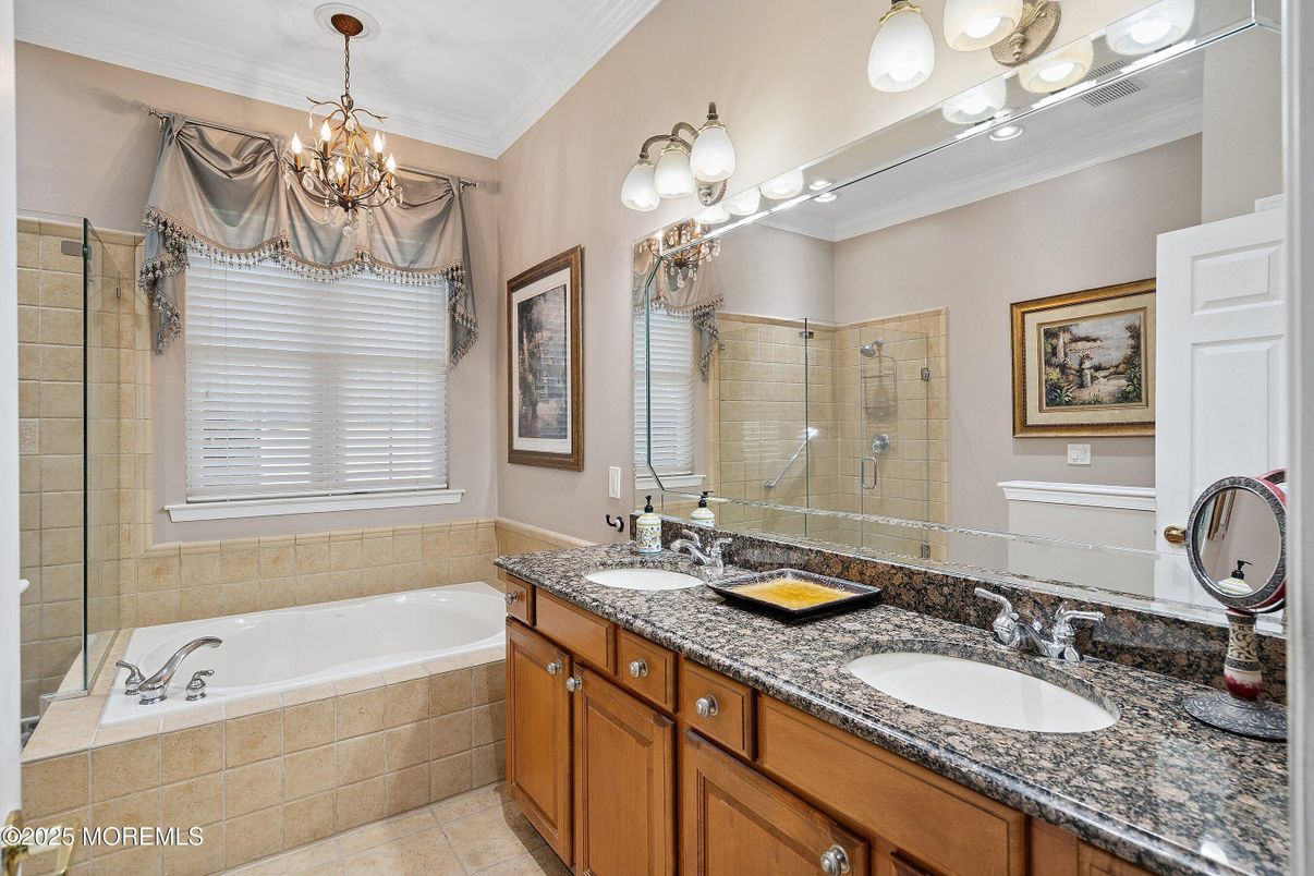 Bathroom, Chandelier, Dual Sink Vanities, Glass Shower, Interior
