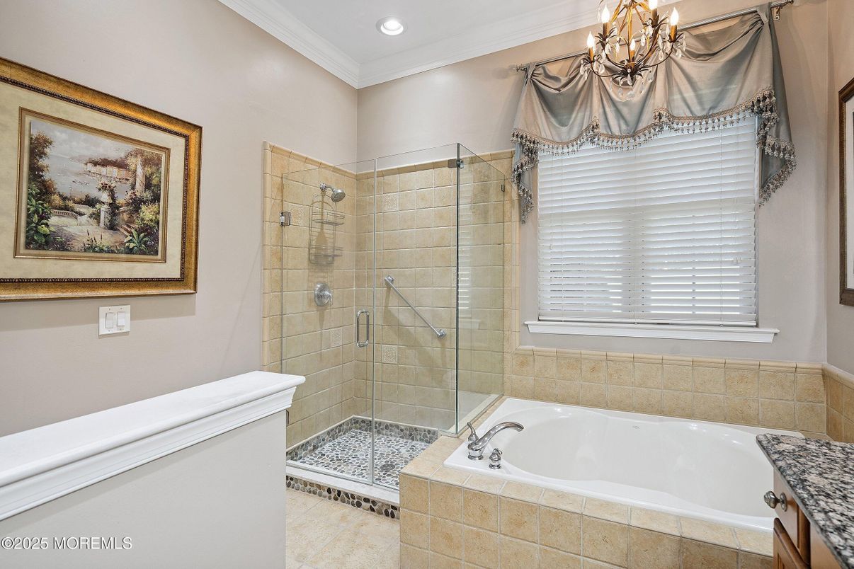 Bathroom, Chandelier, Glass Shower, Interior, Recessed Lighting