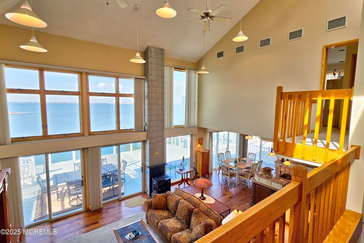 Dining room, Interior, Living room, Pendant Lights, Water, Wood Texture Flooring