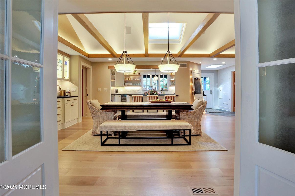 Dining room, Interior, Pendant Lights, Recessed Lighting, Wood Texture Flooring