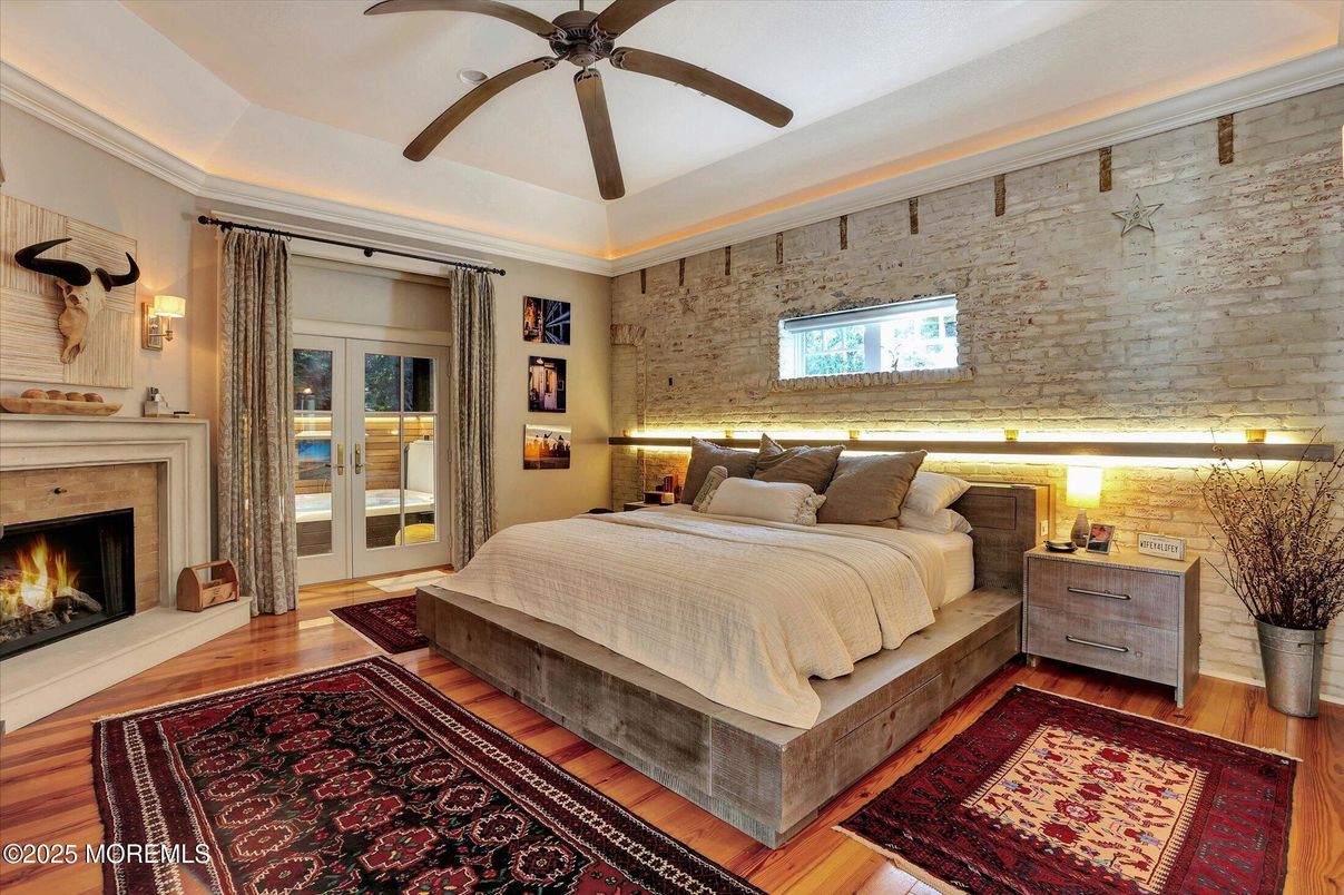 Bedroom, Fireplace, Interior, Stone Walls, Wood Texture Flooring