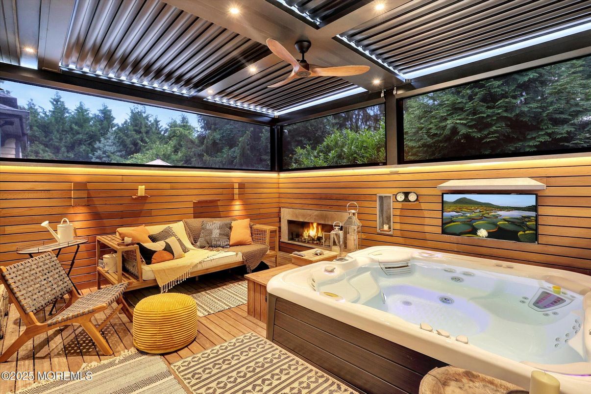 Fireplace, Hot Tub, Interior, Wooden Walls