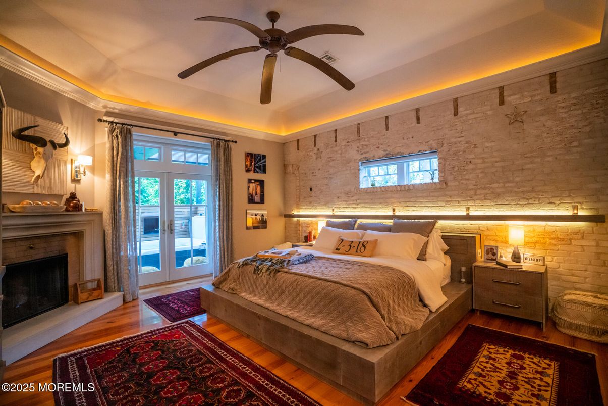 Bedroom, Fireplace, Interior, Stone Walls, Wood Texture Flooring