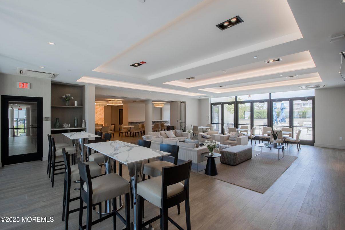 Dining room, Interior, Living room, Recessed Lighting, Wood Texture Flooring