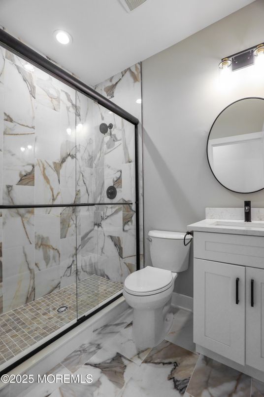 Bathroom, Glass Shower, Interior, Marble, Marble Walls, Recessed Lighting