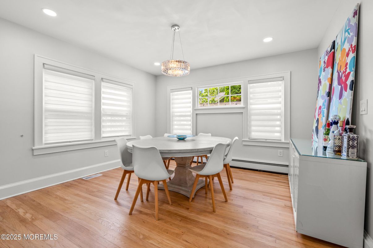 Dining room, Interior, Pendant Lights, Recessed Lighting, Wood Texture Flooring