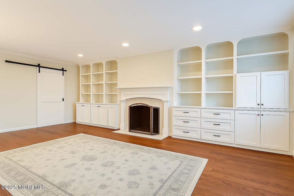 Empty room, Fireplace, Interior, Recessed Lighting, Wood Texture Flooring