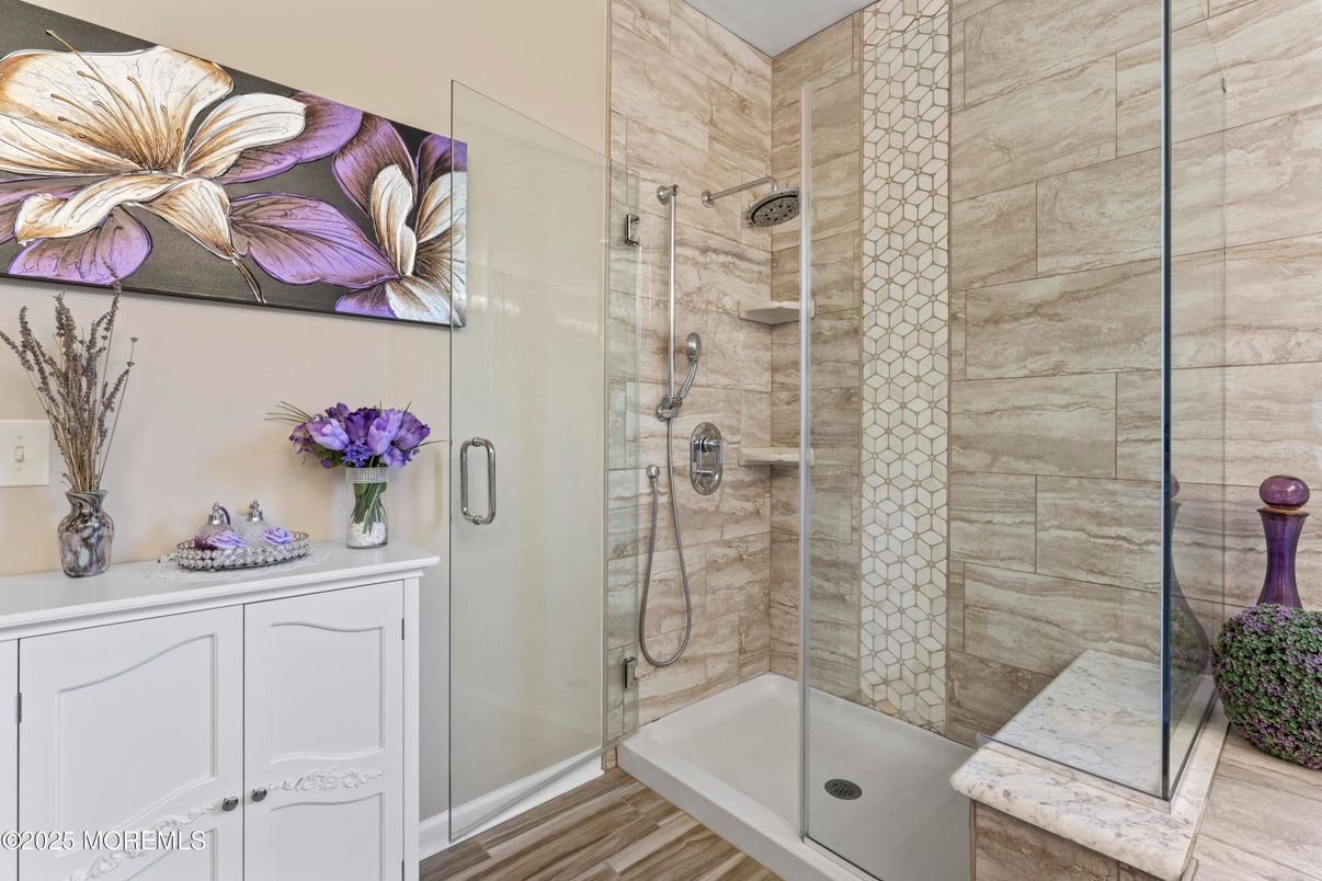 Bathroom, Glass Shower, Interior, Wood Texture Flooring