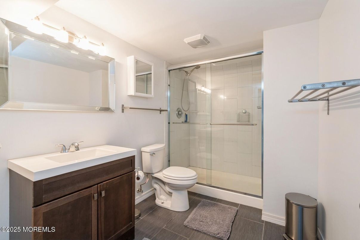 Bathroom, Glass Shower, Interior, Wood Texture Flooring