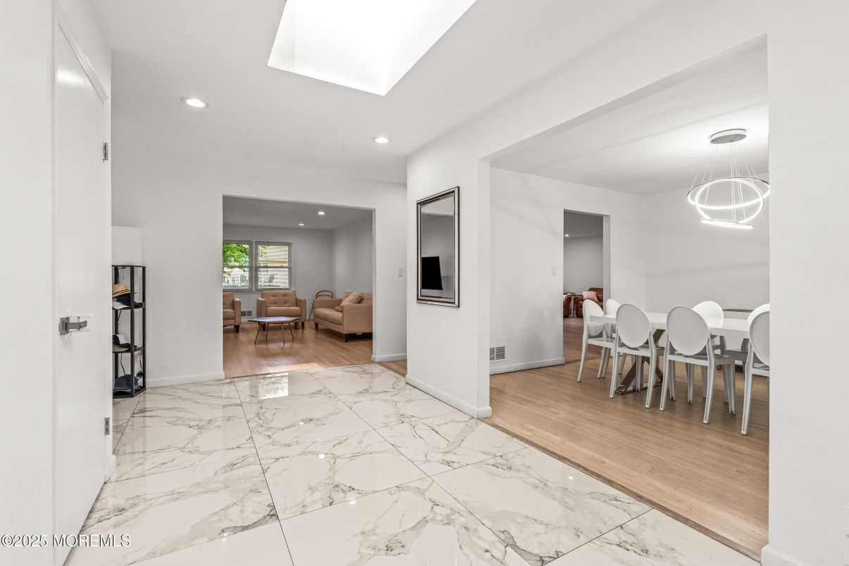 Dining room, Interior, Living room, Marble, Pendant Lights, Recessed Lighting, Wood Texture Flooring