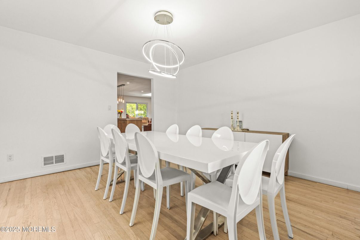 Dining room, Interior, Pendant Lights, Wood Texture Flooring