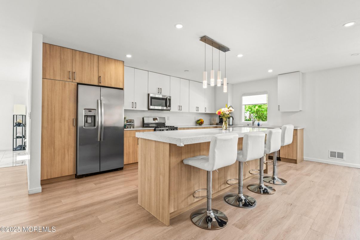 Interior, Kitchen, Pendant Lights, Recessed Lighting, Stainless Steel Appliances, Wood Texture Flooring