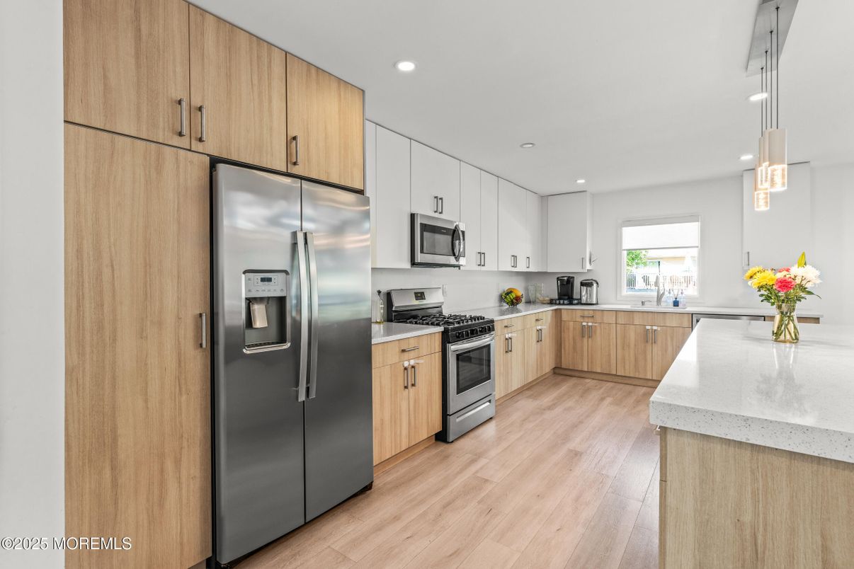 Interior, Kitchen, Pendant Lights, Recessed Lighting, Stainless Steel Appliances, Wood Texture Flooring