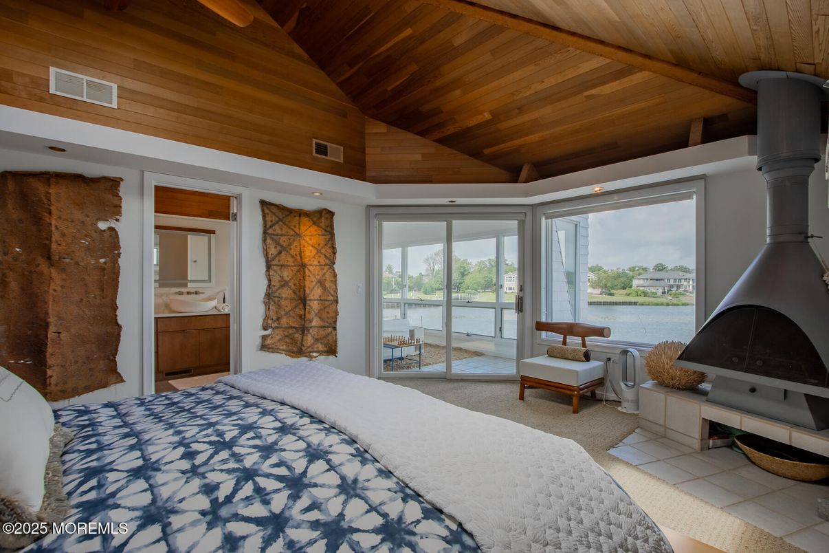 Bedroom, Fireplace, Interior, Water, Wooden Ceilings