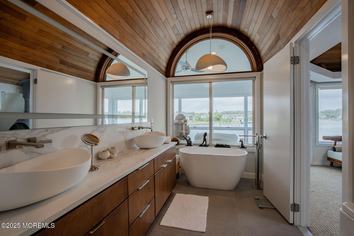 Bathroom, Dual Sink Vanities, Free Standing Baths, Interior, Pendant Lights, Water, Wooden Ceilings