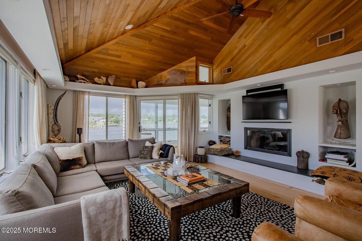 Fireplace, Interior, Living room, Recessed Lighting, Wooden Ceilings, Wood Texture Flooring