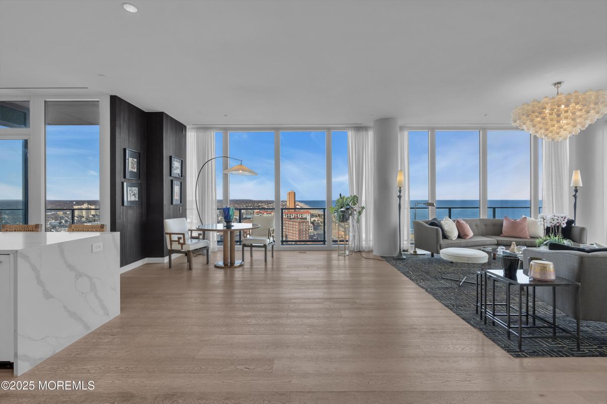 Chandelier, Dining room, Interior, Living room, Recessed Lighting, Water, Wood Texture Flooring