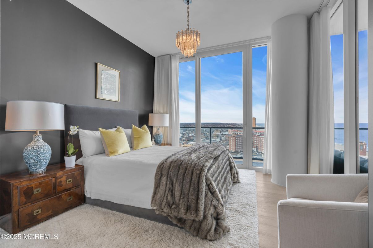 Bedroom, Chandelier, Interior, Pendant Lights, Water, Wood Texture Flooring
