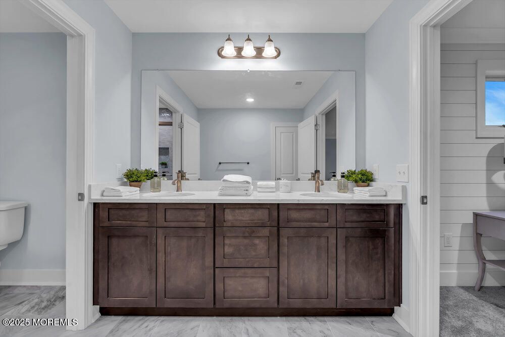 Bathroom, Dual Sink Vanities, Interior, Marble, Recessed Lighting